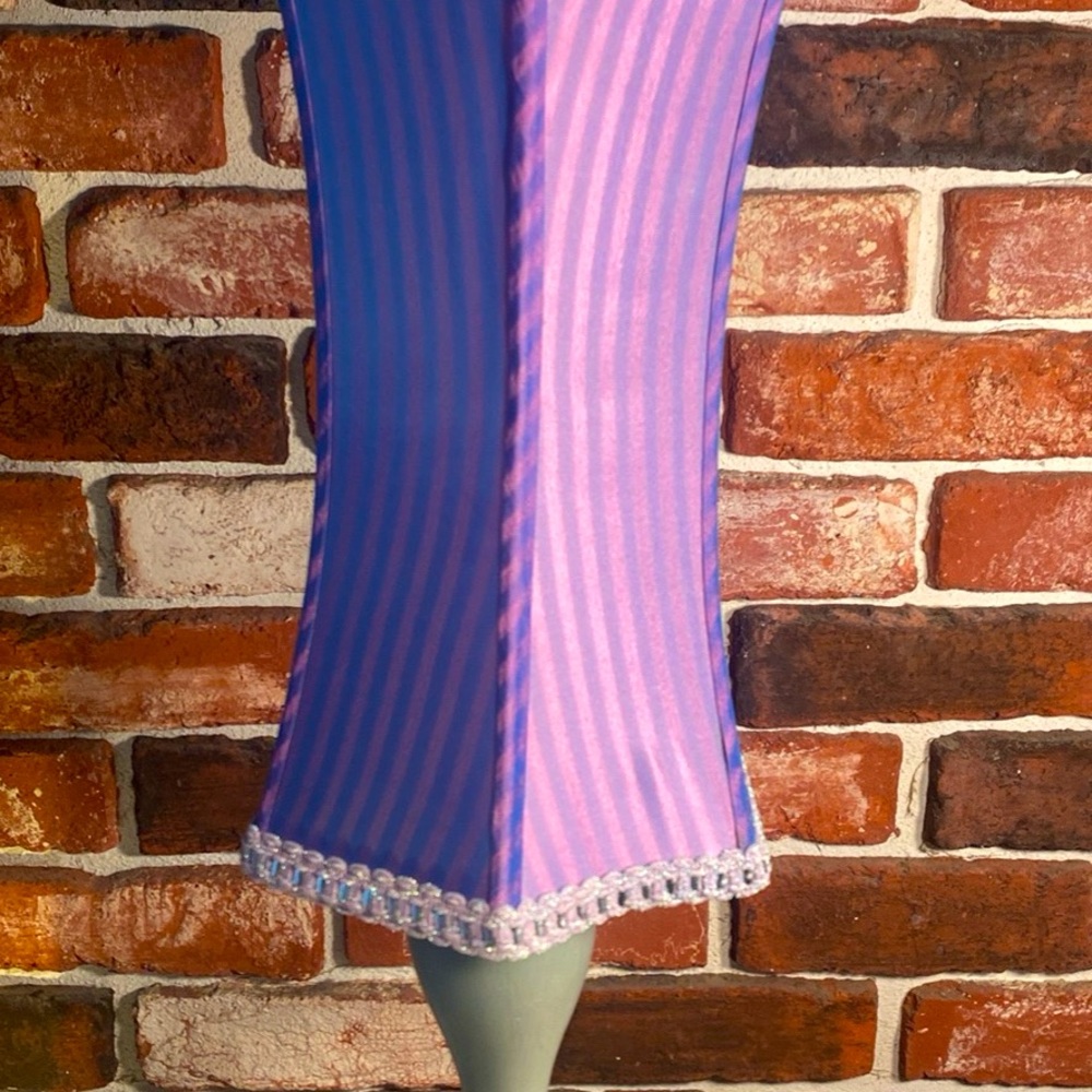 Purple and Pink Striped Lamp Shade on Gray Wooden Lamp